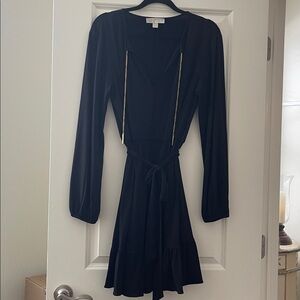 MICHAEL KORS Long-Sleeve Black Tie-Waist Dress with Gold chain detail